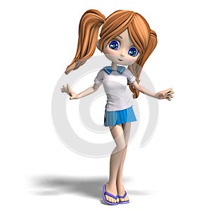 Cute little cartoon school girl with pigtails. 3D