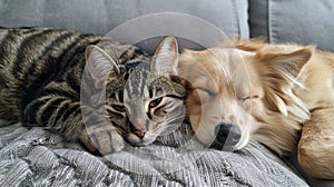 cute little cat and dog in bed at home.