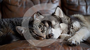 cute little cat and dog in bed at home.