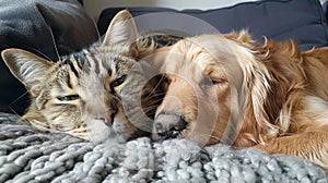 cute little cat and dog in bed at home.