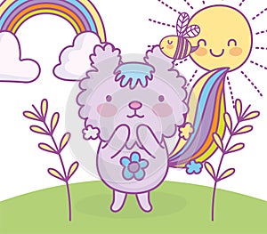 Cute little cat flowers rainbow sun clouds grass cartoon