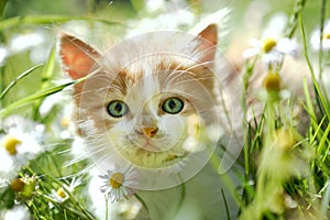 Cute little cat in green grass