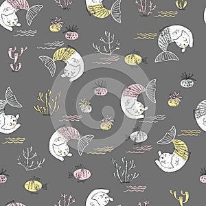 Cute little cat mermaid seamless pattern. Textured illustration