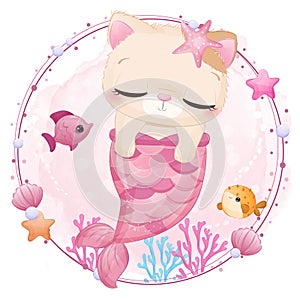 Cute little cat mermaid in watercolor illustration