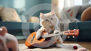 cute little cat playing the guitar in the house