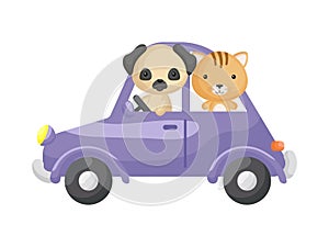 Cute little cat and pug dog driving purple car. Cartoon character for childrens book, album, baby shower, greeting card, party