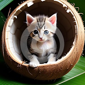 A cute little cat sits in a coconut shell resting on a banana leaf,generated illustration with ai