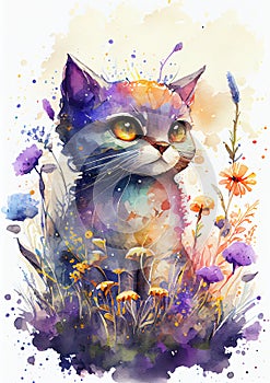 Cute little cat sitting in wild field flower watercolor painting