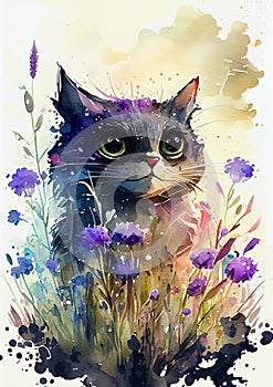 Cute little cat sitting in wild field flower watercolor painting