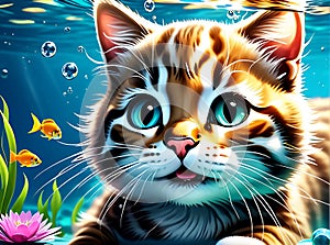 Cute little cat swims underwater. AI generated.