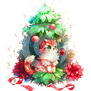 Cute little cat  under Christmas tree - Christmas watercolor illustration.