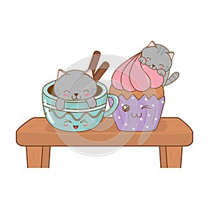 Cute little cats with chocolate mug kawaii characters