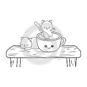 Cute little cats with chocolate mug kawaii characters