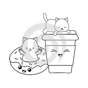 Cute little cats with donuts kawaii characters