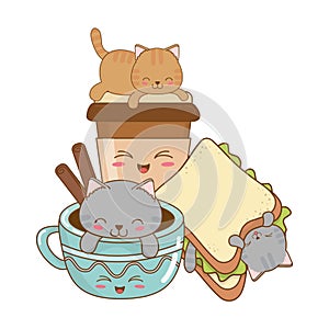 Cute little cats with sandwich kawaii characters