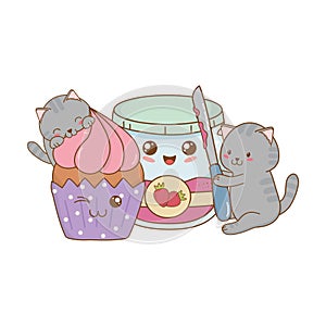 Cute little cats with strawberry jam kawaii characters