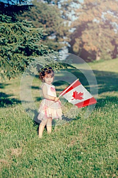 Cute little Caucasian baby toddler girl standing on green grass in park outside and holding waving large Canadian flag.