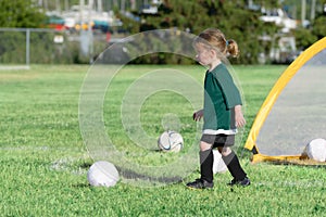 A cute little Caucasian blonde girl is running forward. The green field is on the background.