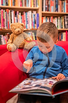 Boy browsing through book in a bookstore