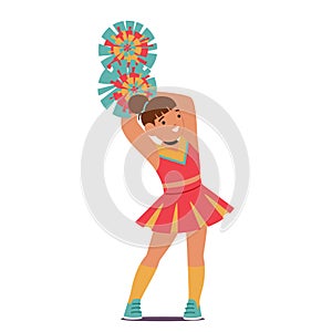 Cute Little Cheerleader Child Adorned In Vibrant Colors, Wields Pompoms With Infectious Joy, Radiating Innocence