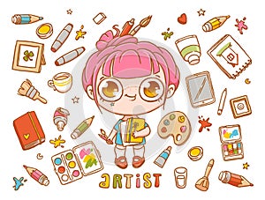 Cute little chibi artist girl with her tools: pencil, tablet, brush, paints, palette, sketchbook. Vector colorful