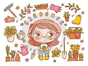 Cute little chibi gardener girl with her tools: flowers, plants, shovel, watering can, gloves, rubber boots. Vector