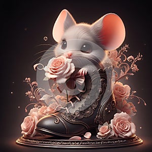 A cute little chibi mouse holding a rose flower, comes out from a unique victorian boot, 3D, digital painting art, romantic