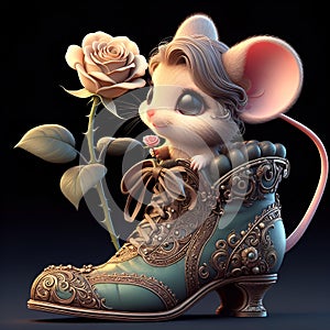 A cute little chibi mouse in a victorian boot, holdong a beautiful rose, romanticism, gorgeous, digital painting art