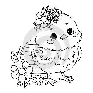 Cute little chick with Easter egg and flowers. Vector illustration. Line drawing, coloring book. Kids holiday collection