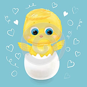 Cute little chick with eggshell. Cartoon newborn baby bird. Greeting card with funny chicken character in a watercolour style.