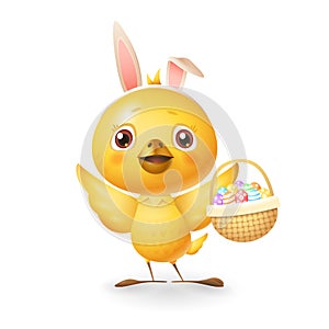 Cute little chicken with bunny ears and knitted basket with eggs celebrate Easter - isolated on white background