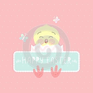 Cute little chicken in egg shell, with place for text, Happy easter . Vector illustration.