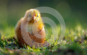 Cute little chicken hatched from egg in the garden