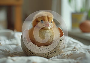 Cute little chicken sitting in broken egg shell on white bed