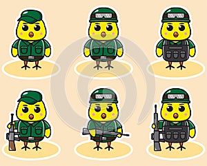 Cute Little Chicken Soldier cartoon set.