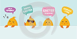 Cute little chicks bunner with greeting speech bubbles- Vector