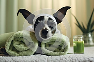 Cute little chihuahua dog wrapped in a towel lying on a towel and a glass of milk, Cute dog relaxed from spa procedures on the