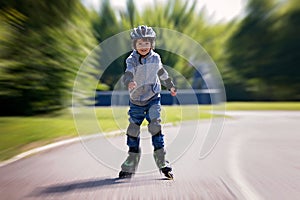 Cute little child, boy, riding on a rollerblades in the park