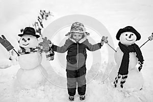 Cute little child boy on snowy field outdoor. Child boy Having Fun in Winter Park. Winter children in frosty winter Park