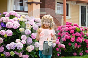 Cute little child boy watering flowers with watering can.