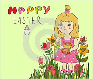 Cute little child girl holding painted egg in flowers