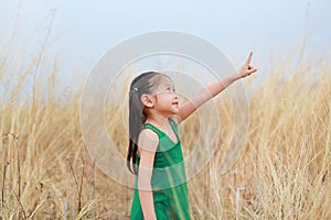 Cute little child girl pointing up in summer field outdoor. Freedom style