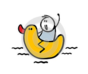 Cute little child swim and sail on the yellow rubber duck on the water. Vector illustration of children game with