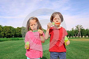 Cute little children blowing bubbles in park on sunny day