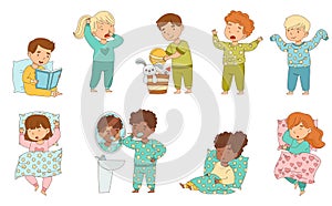 Cute Little Children Getting Ready to Bedtime Brushing Teeth, Reading Book and Sleeping in Their Beds Vector Set