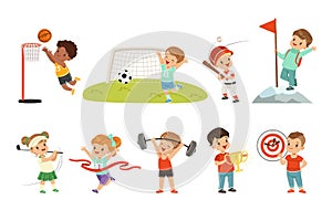 Cute little children playing different sports, footbal, soccer, golf, basketball, baseball, archery, mountaineering