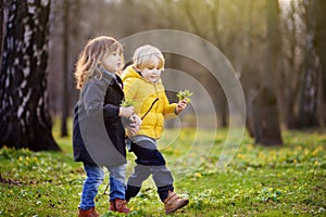 Cute little children playing together in sunny spring park