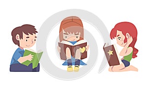 Cute little children reading books while sitting on floor. Boys and girl studying and learning cartoon vector