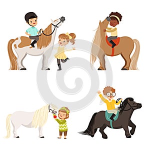 Cute little children riding ponies and taking care of their horses set, equestrian sport, vector Illustrations