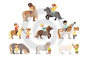 Cute little children riding ponies and taking care of their horses set, equestrian sport, vector Illustrations